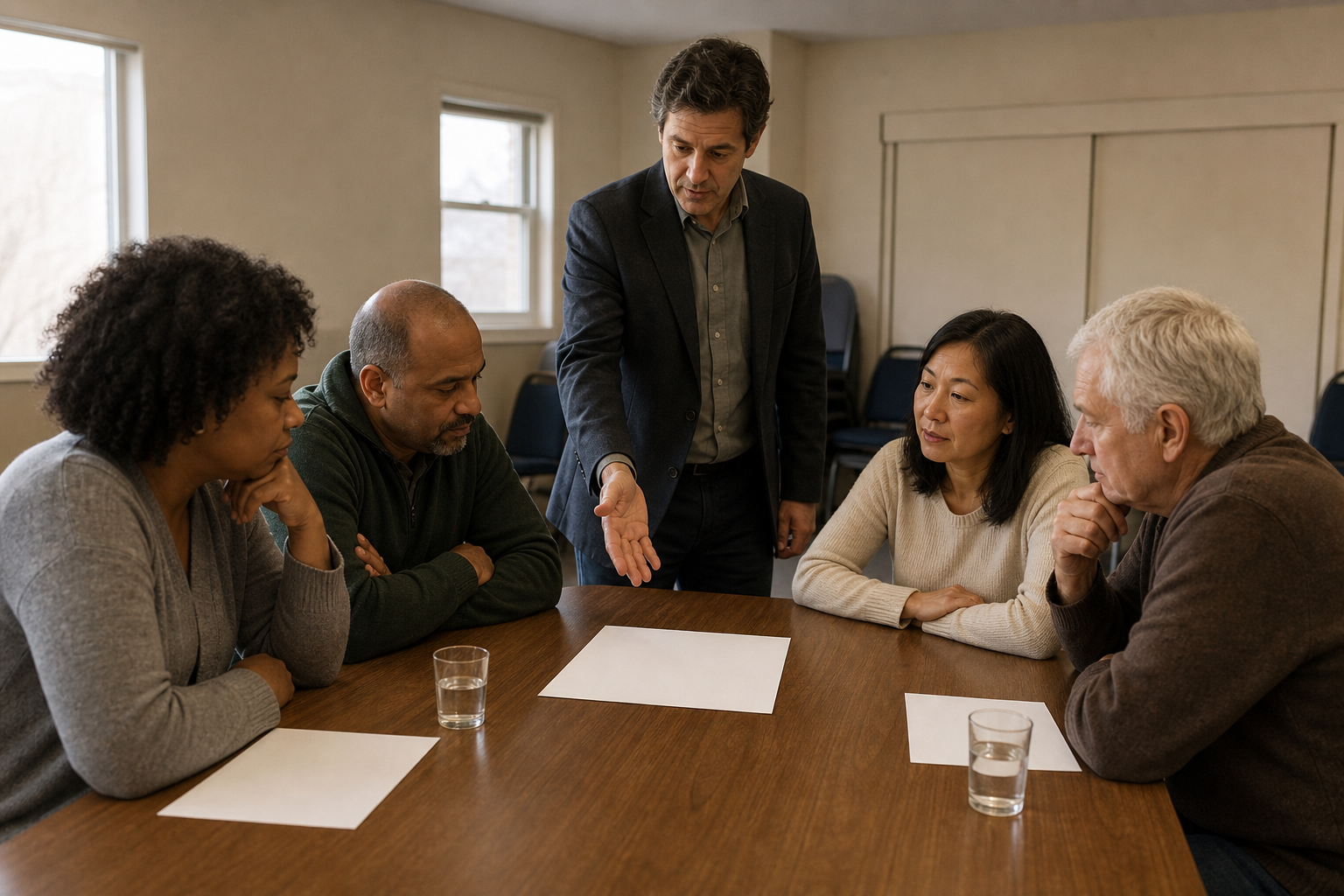 Volunteer neighbors at a table being guided by a professional in business attire