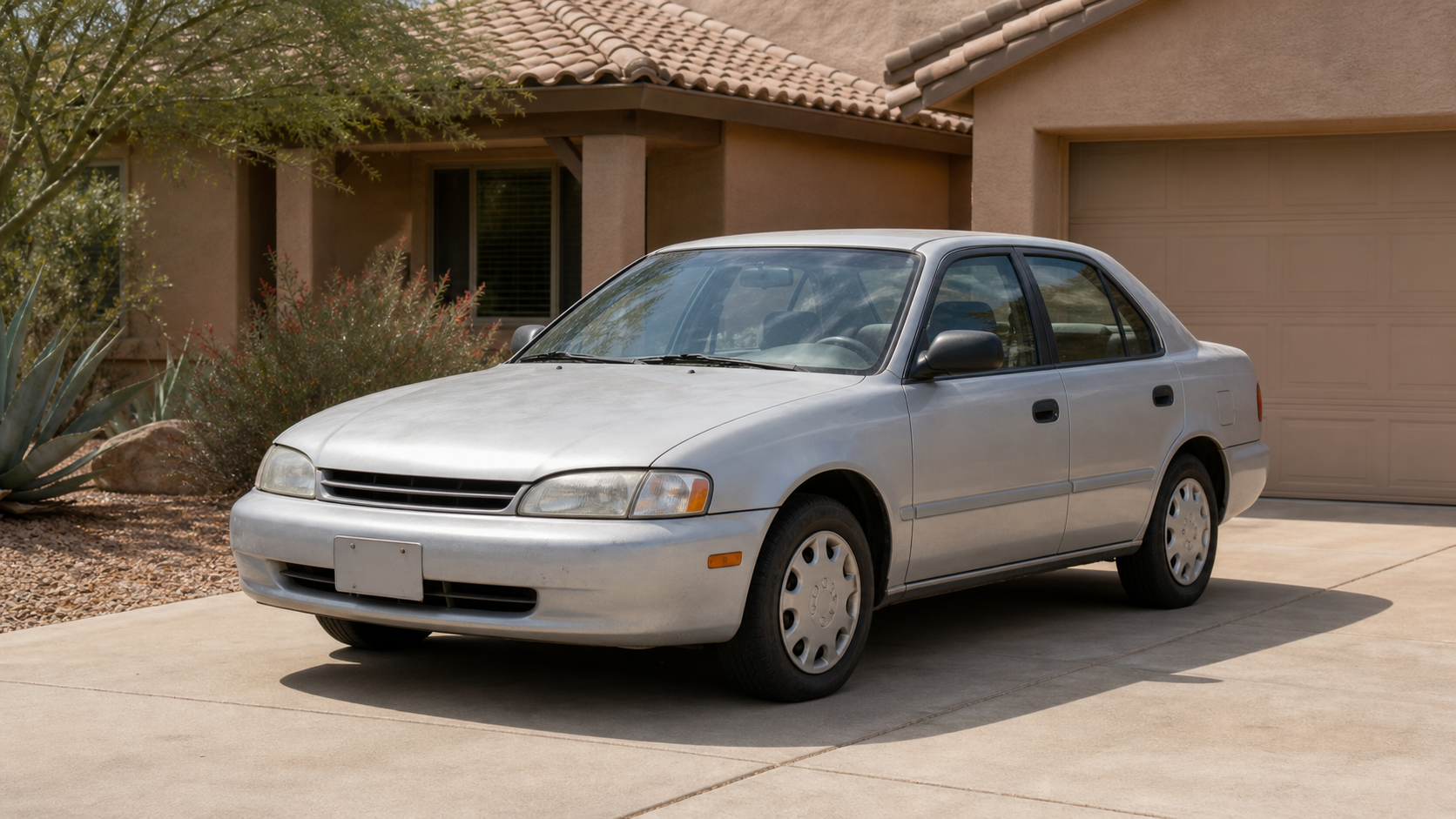 A dated older economy sedan parked in a suburban Arizona driveway