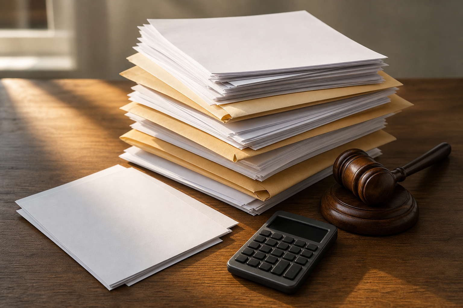 A growing stack of invoices and legal envelopes beside a calculator and gavel