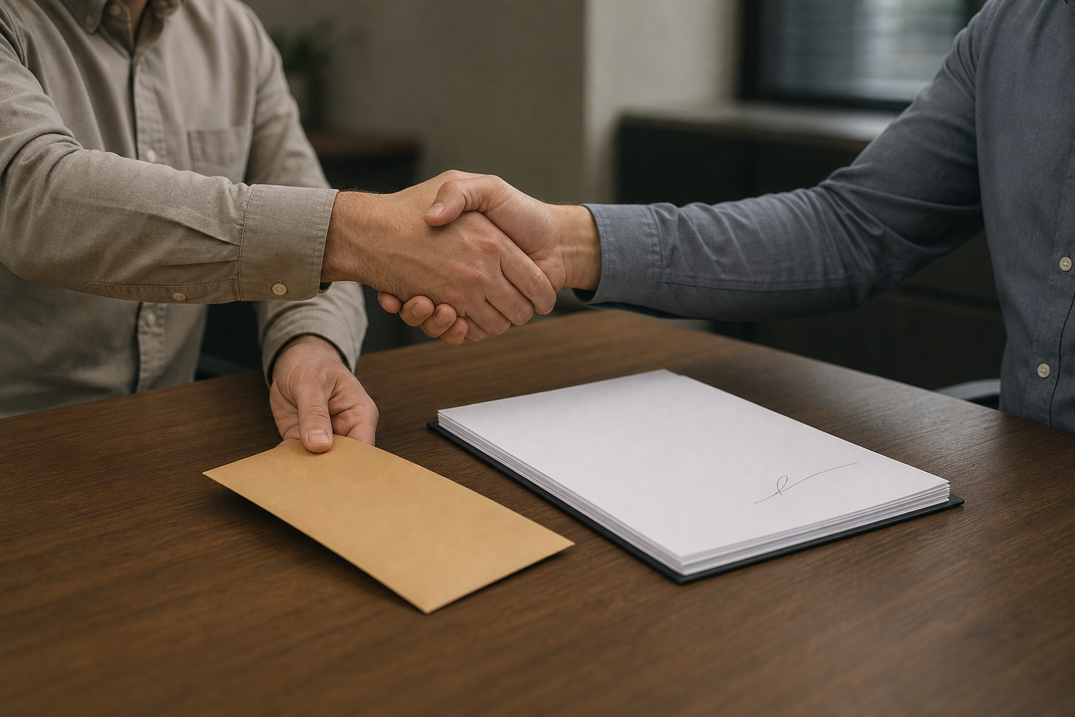 A discreet handshake over a contract as an unmarked envelope changes hands