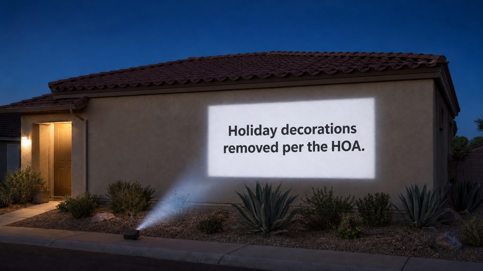 A home at dusk with a single projector beam on the wall, orange string lights and a fall wreath