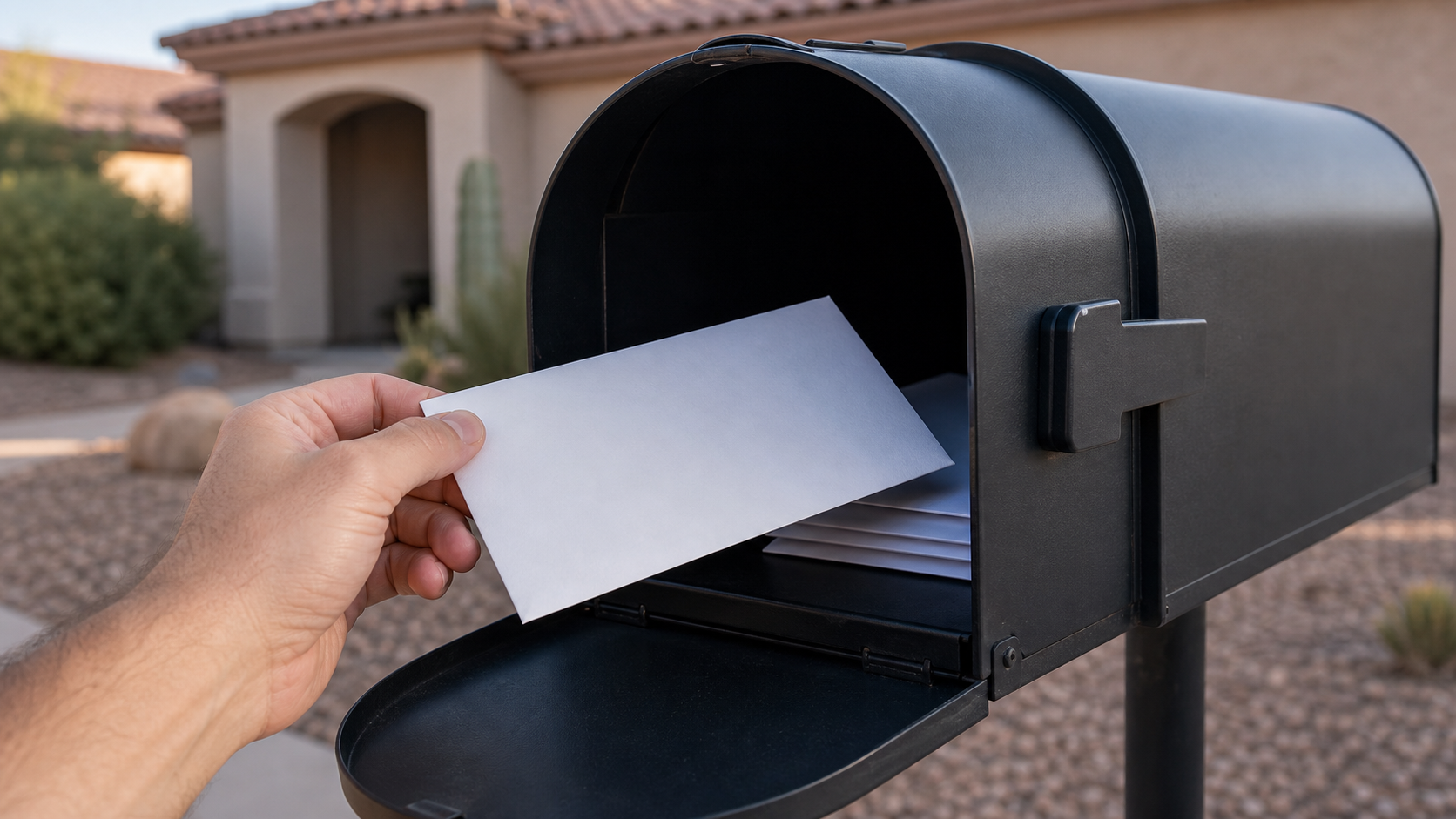 A hand pulling an official-looking notice from a residential mailbox