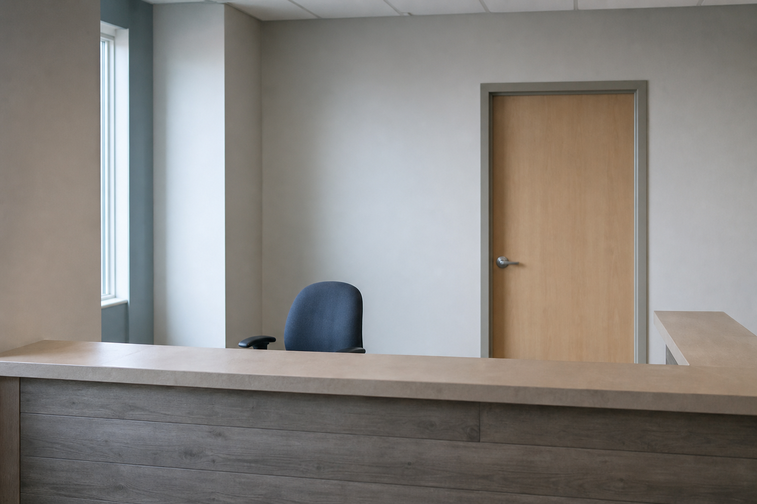 An empty office counter with a vacant chair, no one watching