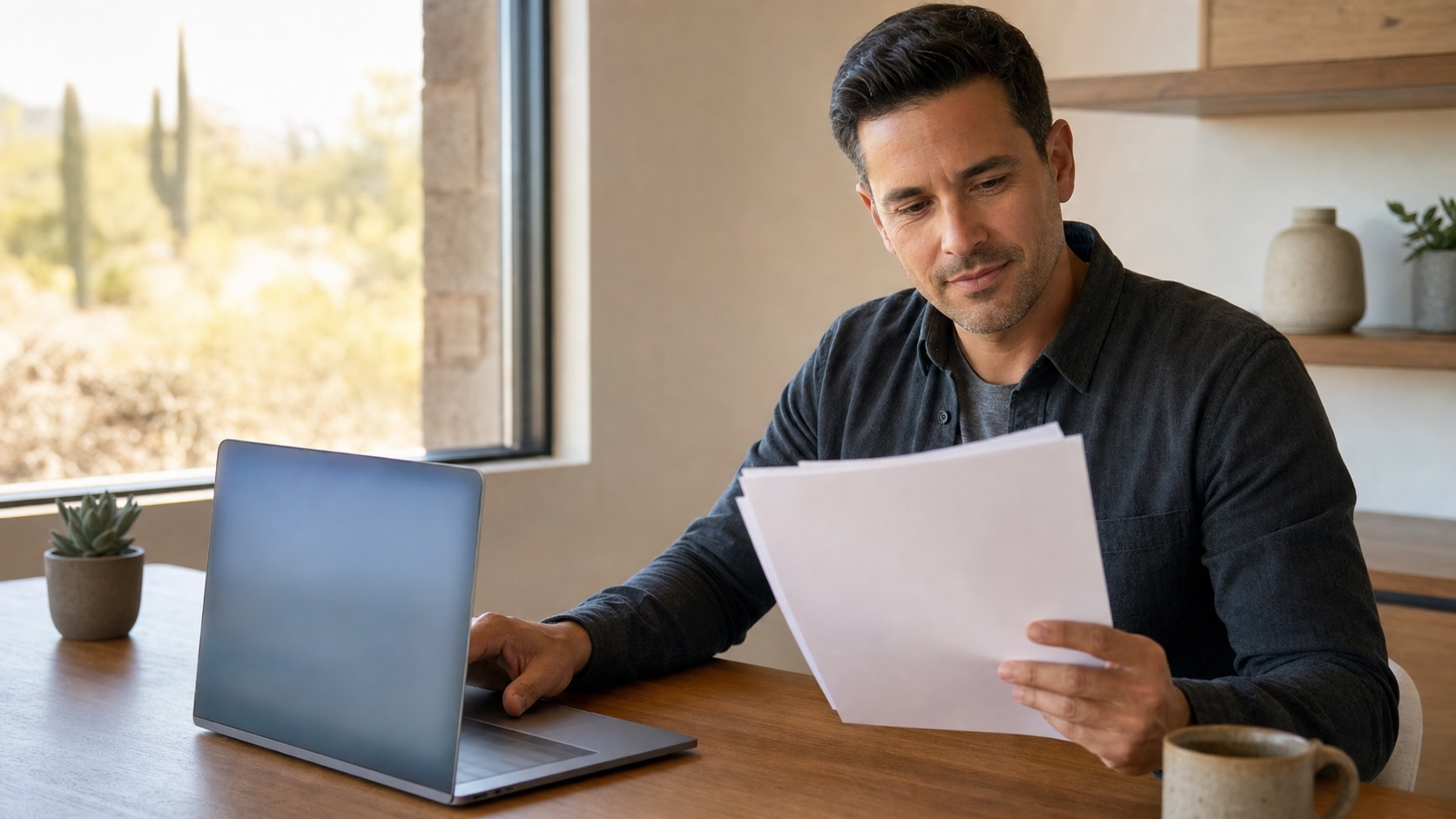 An Arizona homeowner calmly reviewing their governing documents