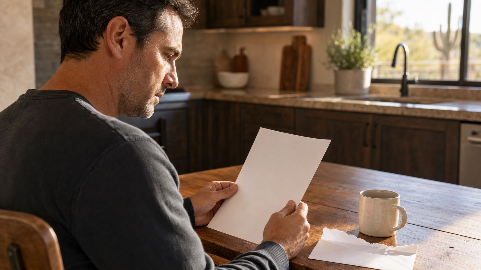 A homeowner reading a certified notice from their HOA at the kitchen table